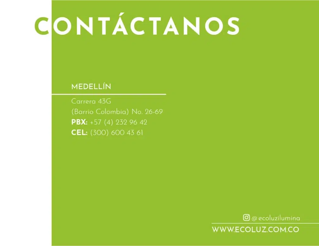 Contáctanos, cuadro de información de la empresa Ecoluz, dirección Carrera 43G Barrio Colombia, Medellín, Colombia